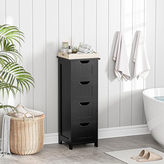 SUPER DEAL Small Bathroom Storage Cabinet with 4 Drawers, Freestanding Narrow Wooden Side Storage Organizer for Bathroom Hallway Living Room, Black