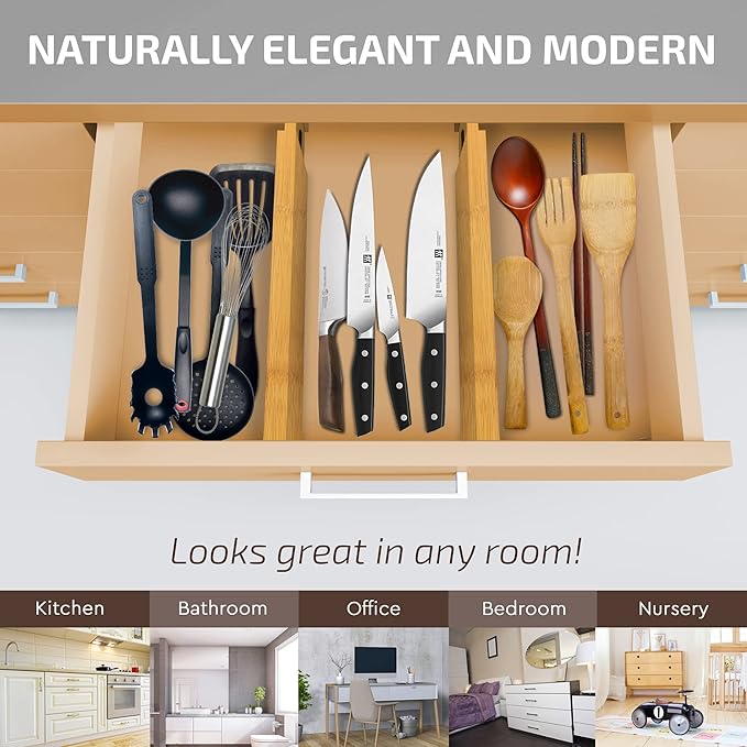 4-Pack Bamboo Drawer Dividers - Fits Drawers 12.2 to 17.3 Inches Deep, 2.6 Inch High, 0.6 Inch Thick, Expandable Drawer Organizers Separators for Clothes, Dresser, Bedroom, Kitchen, Bathroom, Office