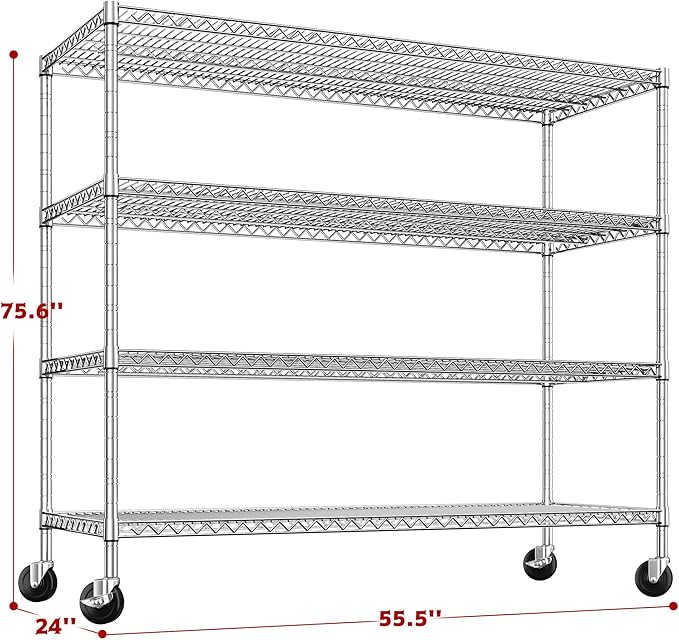 75.6" H Storage Shelves 2500LBS Garage Shelving Unit with Wheels Metal Shelving Heavy Duty Wire Shelves for Storage Rack Adjustable Pantry Shelf Commercial Shelving for Kitchen Garage,55.5''W X 24" D