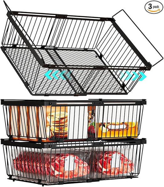 Large Freezer Organizer Bins，Upgraded Bottom Leak-Proof net，Fit 10 to 20 Cu.Ft Deep Freezer，3 Pack， Expandable Stackable Chest Freezer Organizer Bins , for Fridge, Deep Freezer, Cabinet