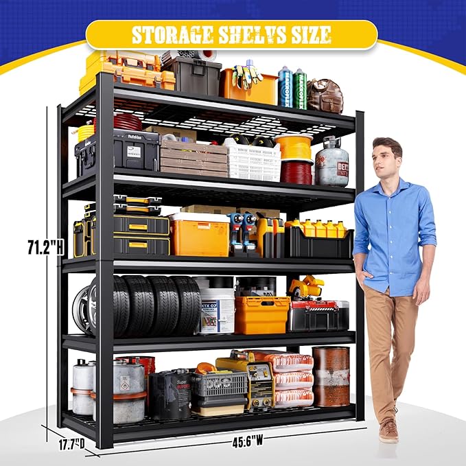 45.6" W Garage Shelving Heavy Duty Storage Shelves, 5-Tier Adjustable Metal Shelving Unit, Utility Garage Organizer Shelf for Basement, Pantry, Kitchen, Warehouse,17.7" D x 45.6" W x 71.2" H