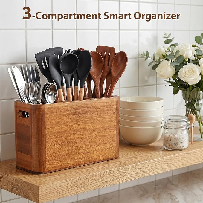 Kitchen Utensil Holder for Countertop, Extra Large Acacia Wood Utensil Organizer, 3-Compartment Storage for Cooking Utensils, Silverware and Cutlery
