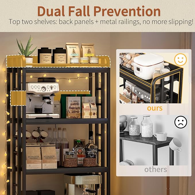 METYERRY Adjustable 4-Tier Heavy Duty Kitchen Baker's Rack with Power Outlet, with Industrial Wheels, Free Standing Microwave Oven Cart Stand for Storage, Garage, Mini Fridge Stand, Black