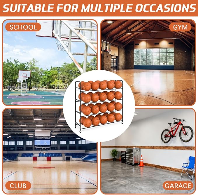 Colingmill Heavy Duty Basketball Rack with Wheels, Multi-Tier Rolling Ball Storage Cart, Sports Equipment Organizer for School, Gym, Club Shoot Training