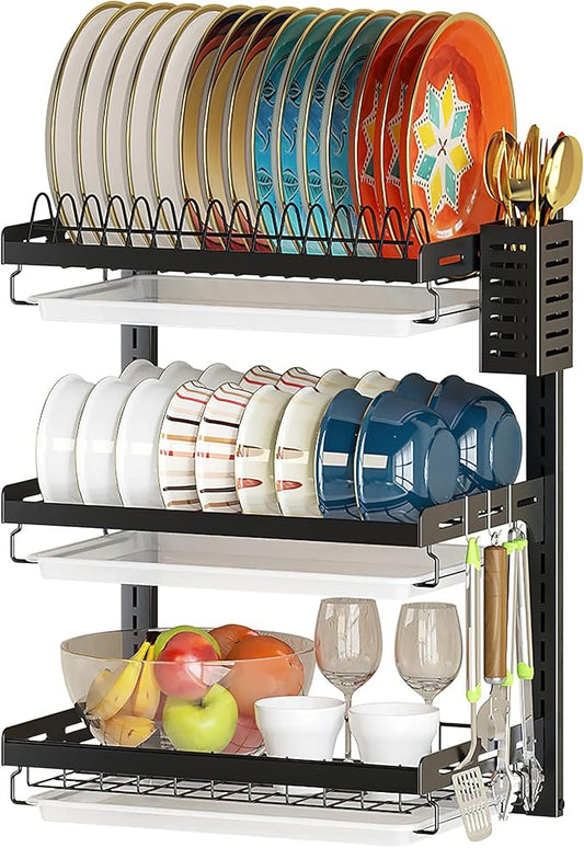 PUSDON 3 Tier Wall Mounted Dish Drying Rack, Black Rustproof Hanging Dish Drainer Organizer with Utensil Holder & Removable Drainboards, Adjustable Heavy Duty Kitchen Space Saver