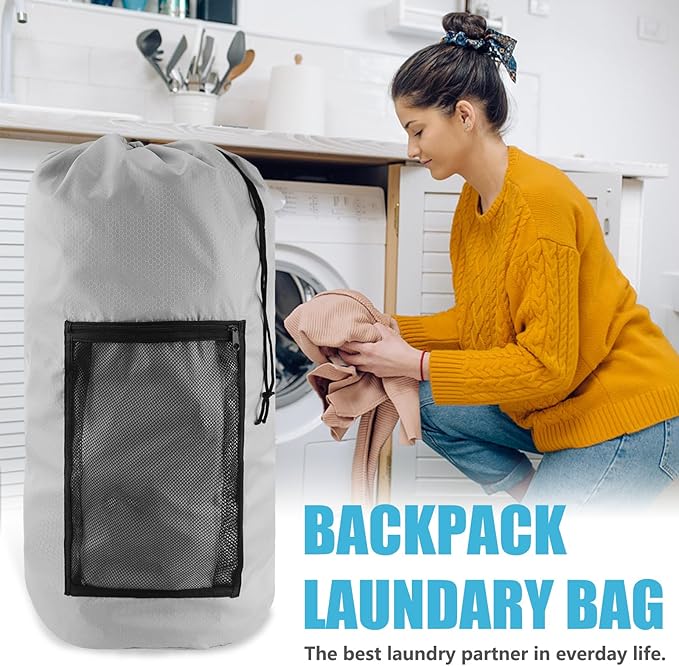 Olosar Laundry Bag Backpack, Extra Large Travel Laundry Bag with Mesh Pocket & Adjustable Shoulder Straps,Dirty Clothes Travel Bag for College Students Dorm,Apartment(Light Gray)