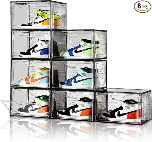 Amllas New Gray 8 Pack Shoe Boxes Stackable, Large Shoe Storage Organizer with Lids,Drop Side Shoe Containers for Entryway,Sneaker Storage Fit up to US Size 13 for Men/Women(13’’x 10.6”x 8.3”)