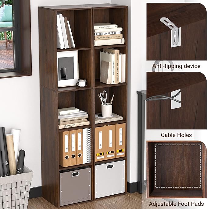 5 Cube Storage Organizer, Narrow Open Shelf Bookcase, Freestanding 5 Tier Low Display Bookshelf for Home Office, Living Room, Bedroom, Dark Brown & Black Walnut