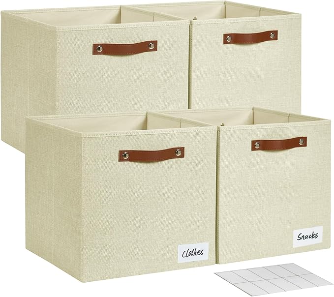 Bagnizer Collapsible Fabric Storage Cube Bins with 2 Reinforced PU Handles, Foldable Storage Organizer Baskets for Closet, Shelves, Living Room | 13"x13"x13", 4 Pack, Full Beige