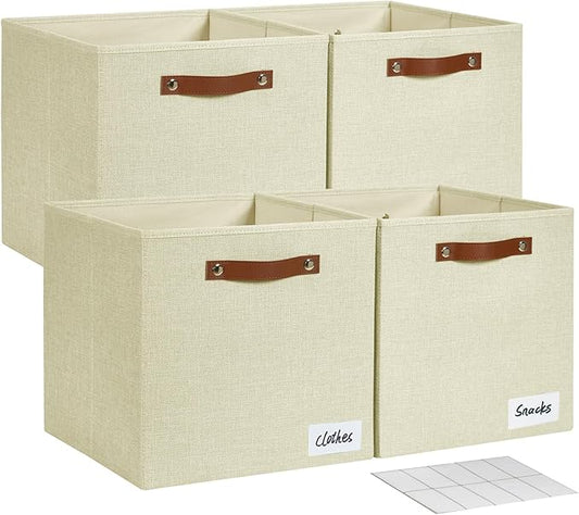Bagnizer Collapsible Fabric Storage Cube Bins with 2 Reinforced PU Handles, Foldable Storage Organizer Baskets for Closet, Shelves, Living Room | 13"x13"x13", 4 Pack, Full Beige