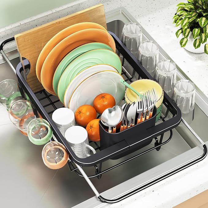 Urackify Expandable Dish Drying Rack Over The Sink, Adjustable Dish Rack in Sink, Rustproof Dish Drainer for Kitchen Counter, Dish Strainer with Utensil Holder, Black