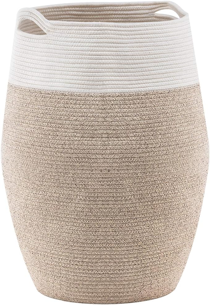 Cotton Rope Laundry Hamper by YOUDENOVA, 105L - Woven Collapsible Basket Clothes Storage for Blankets, Room Organizing, Bedroom Storage, – Brown & White