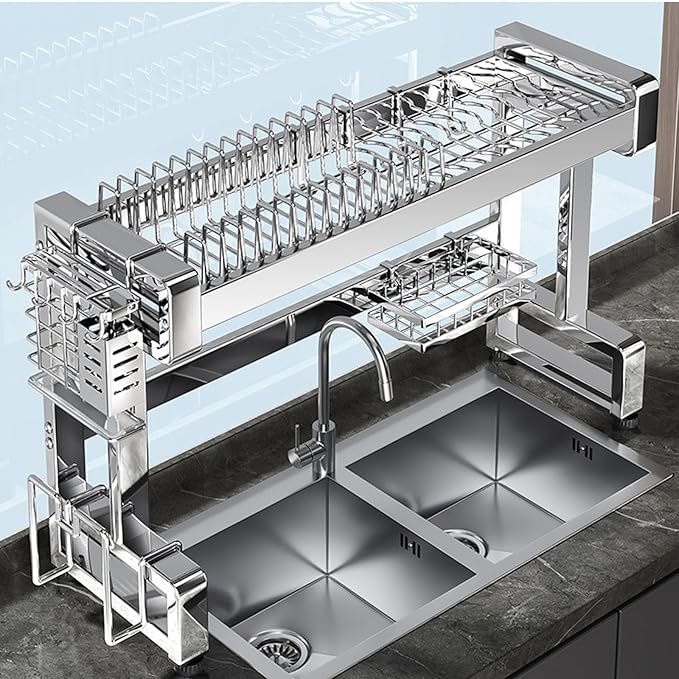 Over The Sink Dish Drying Rack, 3-Tier Stainless Steel Dish Rack, Sink Organizer,for Kitchen Counter.with Hook & Chopsticks Holder,Cutting Board Rack, Adjustable Feet(33.4 * 11.4 * 31in)