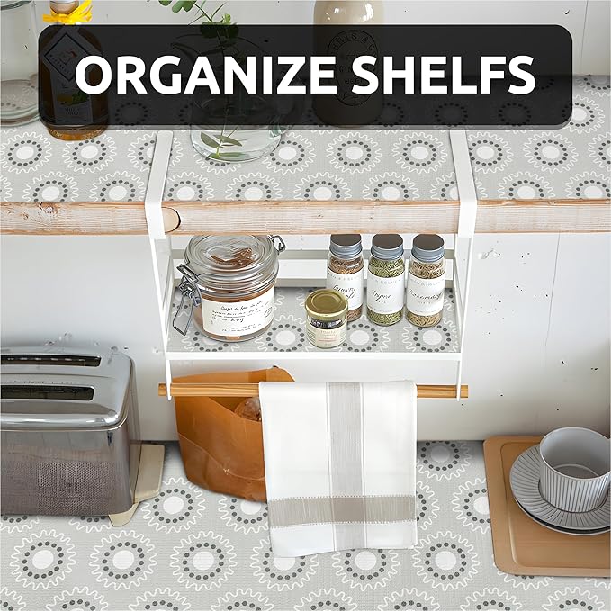 FIFTY FEET 18X96 Inch Shelf Liner for Kitchen Cabinets, PVC Drawer Liner for Dresser Non-Slip Bathroom, Non-Adhesive Cabinet Liner Washable (Grey Circle)(1 Roll)