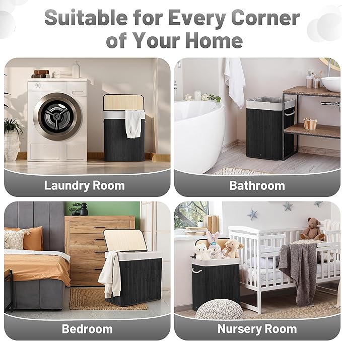 Aliphon 100L Laundry Hamper with lid, 2-Section Clothes Laundry Basket with Handles, Large Collapsible Bamboo Baskets for Bedroom, Bathroom, Dorm, Ink Black