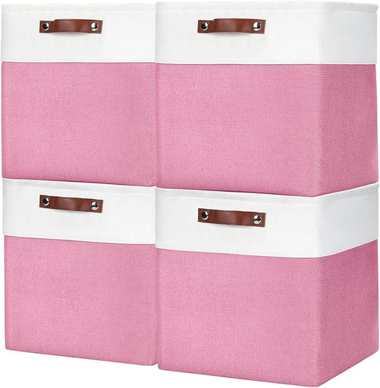 Bagnizer 13x13 Cube Storage Bins, Collapsible Fabric Storage Box, 4 Pack Closet Baskets with Handles for Organizing, Shelf, Toys, Clothes, Home, Office, Nursery (Pink&White)