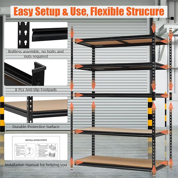 36x24x72 Heavy Duty Garage Storage Shelves,5-Tier Adjustable Metal Shelving Units, 2500 LBS Load Capacity Industrial Utility Storage Racks for Warehouse Pantry Shed Basement Garage Organization