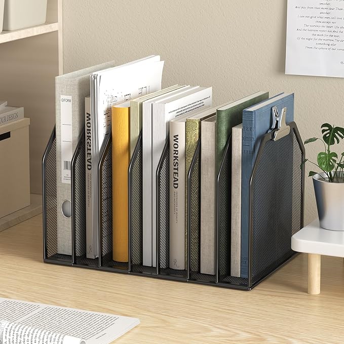 FANXIYQ Metal 7-Section File Folder Organizer for Desk | Vertical Office File Holder | Heavy-Duty Mesh Document Sorter for Books, Binders, Laptops | Black Desk Organizer (12.8”x8.5”x7.9”)
