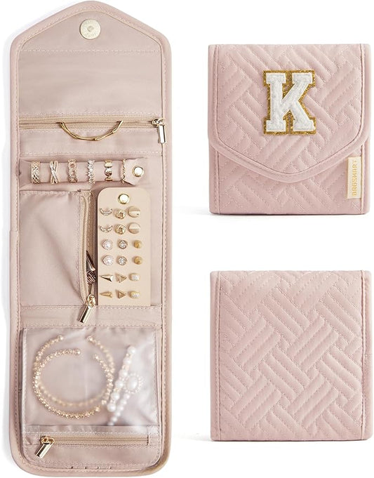 BAGSMART Travel Jewelry Organizer Case K Initial Foldable Jewelry Roll for Journey Rings, Necklaces, Earrings, Bracelets,Mini,Letter K,Soft Pink