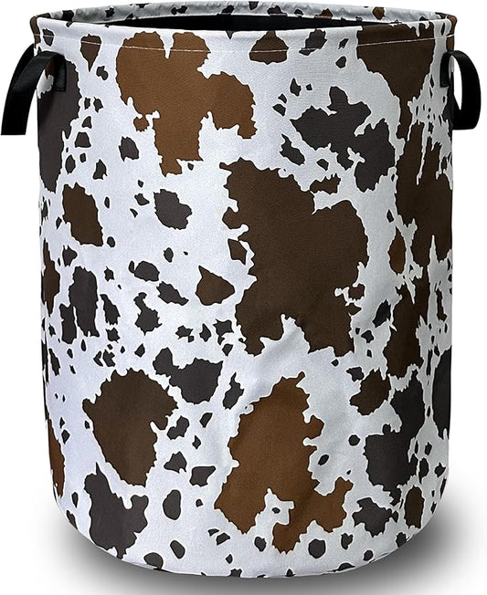 Cows Skin Brown Print Laundry Basket Foldable With Handles Tote Bag Oxford Cloth Animal Funny Laundry Hamper Clothes Storage Bucket Toy Organizer 18.9" x16.5" For Bathroom/Laundry/Bedroom