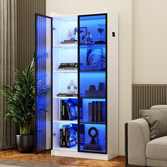 Dystler Display Cabinet with Doors and Adjustable Shelves, 65" Tall Bookcase with LED Lights/Human Sensor, 5 Tier Display Case for Collectibles Bedroom Living Room Office, White