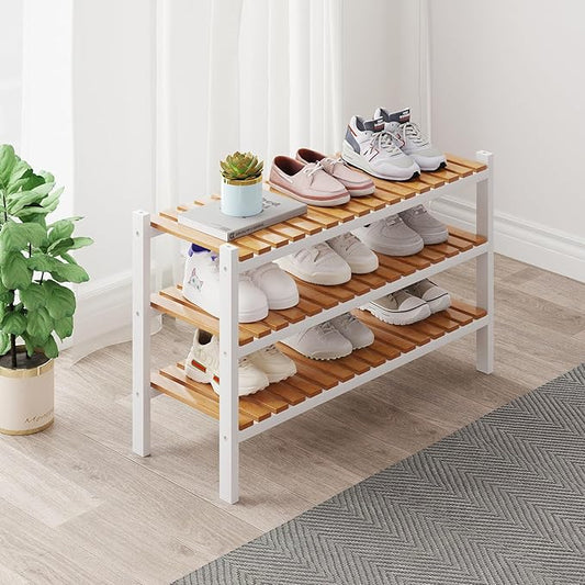 Bamboo Shoe Rack Organizer for Closet and Entryway-Space-Saving Narrow Shoe Stand-Versatile Shoe Holder for Door or Closet Shelf,Garage Bedroom can Freely Stack DIY Small Shoe Racks 3 Tier Mixed color