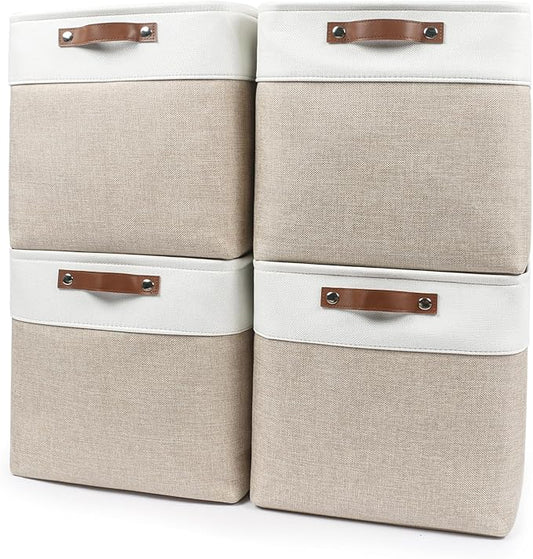 Bagnizer 13x13 Cube Storage Bins, Collapsible Fabric Storage Box, 4 Pack Closet Baskets with Handles for Organizing, Shelf, Toys, Clothes, Home, Office, Nursery (Beige&White)