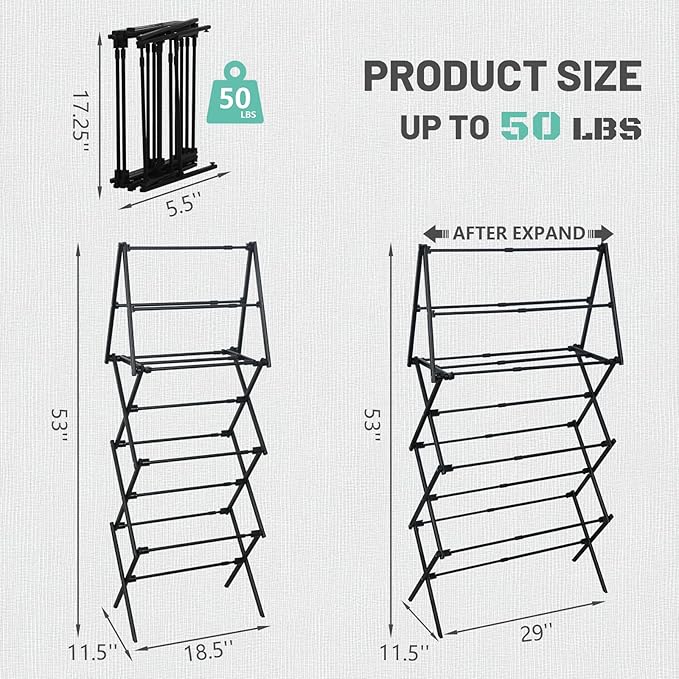 ZOES HOMEWARE 4 Tier Clothes Drying Rack Foldable | Foldable Clothing Drying Rack | Laundry Drying Rack Collapsible for Laundry Room, Dorm, Expandable Sturdy Metal Design | Black 29"L x 11.5"W x 53"H
