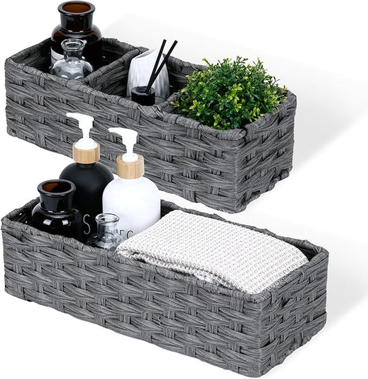 DULLEMELO Toilet Paper Basket for Organizing, Small Bathroom Baskets for Storage, Waterproof Basket for Back of Toilet, Grey, 2 Pack