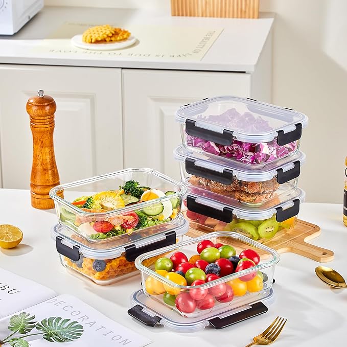 8-Piece 36oz Glass Meal Prep Container Set Clear Glass Food Storage Containers Set, Airtight Food Storage Containers for Coffee, Sugar, Flour, Spices, BPA-Free