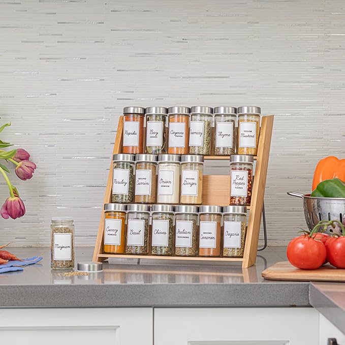 Orii 18 Jar Bamboo Compact Spice Rack with Spices Included & 5-Year Free Spice Refill Program for Countertop or Kitchen Drawer with Glass Jars