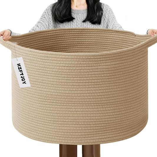 65L Large Blanket Basket,Woven Rope Laundry Basket Hamper with Handles,Decorative Nursery Basket Storage Bin for Toys, Pillows , Clothes Organizer, Living Room, Bedroom, Bathroom, Camel