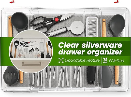 Masirs Expandable Utensil Drawer Organizer - BPA-Free Plastic Clear Silverware Tray with Multiple Compartments - Non-Slip Cutlery Storage for Kitchen, Bathroom, or Office Drawers (Grey)