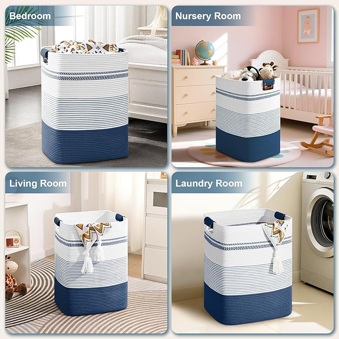 Laundry Hamper, 85L Tall Laundry Basket with Leather Handles, Rectangle Large Clothes Hamper for Organizing, Cotton Woven Laundry Baskets Storage Hampers for Bedroom, Nursery, Living Room