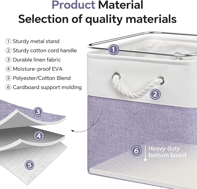 ECDYQXVU 13x13 Inch Cube Storage Bins with Reinforced Bottom Cardboard, 6 Pack Large Foldable Fabric Storage Cubes with Handles for Shelf, Closet, Laundry Organization (White&Purple)