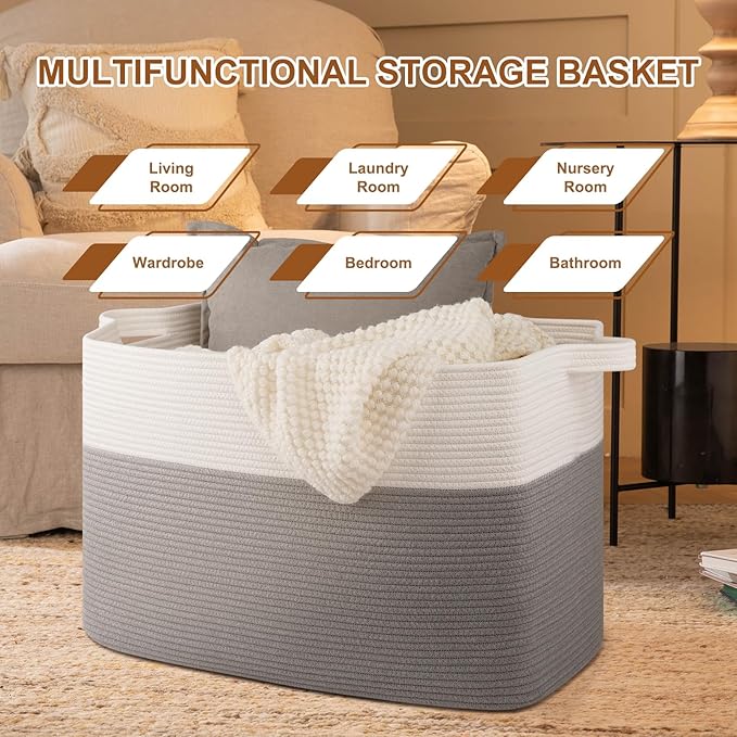 OIASKET XXXL Supre Large Blanket Basket for Clothes, Towels, Pillows, 108L Cotton Rope Storage Basket for Living Room, Woven Toy Storage for Kids, 25" x 16" x 16", Grey and White
