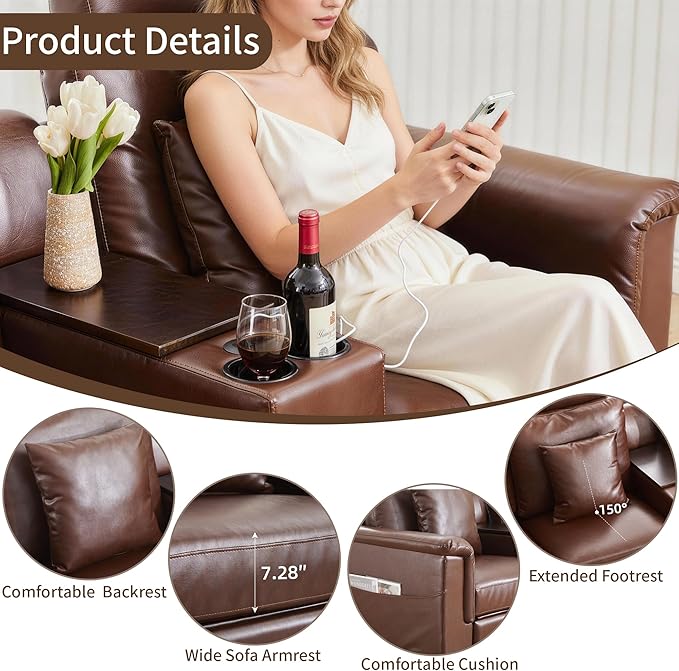 LEVNARY 2-Seater Modular Reclining Sofa with Center Console, Upholstered Faux Leather Power Recliner Loveseat with Cup Holders, USB Charging, Side Pockets & 2 Pillows, Living Room Furniture (Brown)