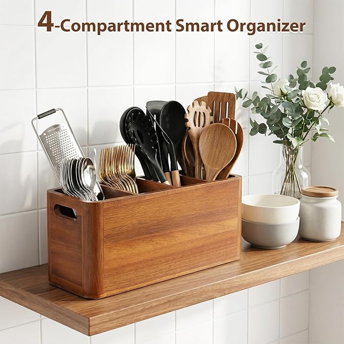 Kitchen Utensil Holder for Countertop, Extra Large Acacia Wood Utensil Organizer, 4-Compartment Storage for Cooking Utensils, Silverware and Cutlery