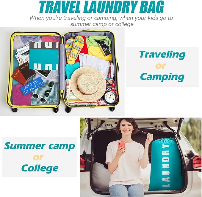 Isink Laundry Bag,2 Pack Travel Laundry Bags for Dirty Clothes,Large Laundry Bags for Camping & Traveling,Dirty Clothes Travel Bag,24" x 36" (Cyan + Gray)