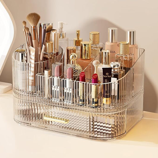 Makeup Organizer with 360° Rotating Brush Holder and Stackable Drawers, Cosmetic Display Case for Vanity, Bathroom Countertop (Clear, 2 Layer)