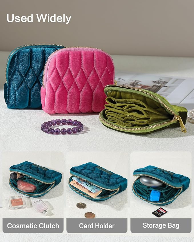 Small Travel Jewelry Case, Mini Travel Jewelry Bag with Zipper, 5-Layer Velvet Organizer Pouch for Bracelet Rings Earrings - Diamond Stitched Velvet Caramel