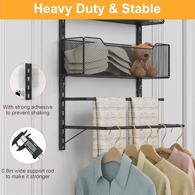VyGrow Over the Door Storage Organizer with 3 Tier Mesh Baskets 2 Hanging Rods, 2 Mounting Options, Heavy Duty Clothes Hanger & Towel Rack for Bathroom Bedroom Office, Black
