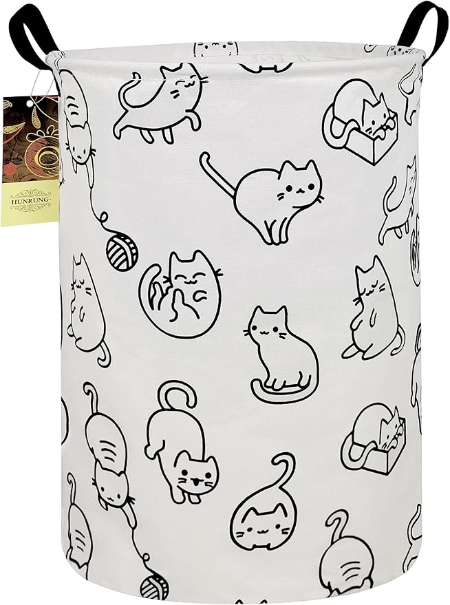 HUNRUNG Collapsible Fabric Storage Basket, Waterproof Laundry Hamper with Handles, Round Storage Bin for Clothes Toys, Foldable Organizer for Bedroom Nursery Bathroom(Round-Black cat)