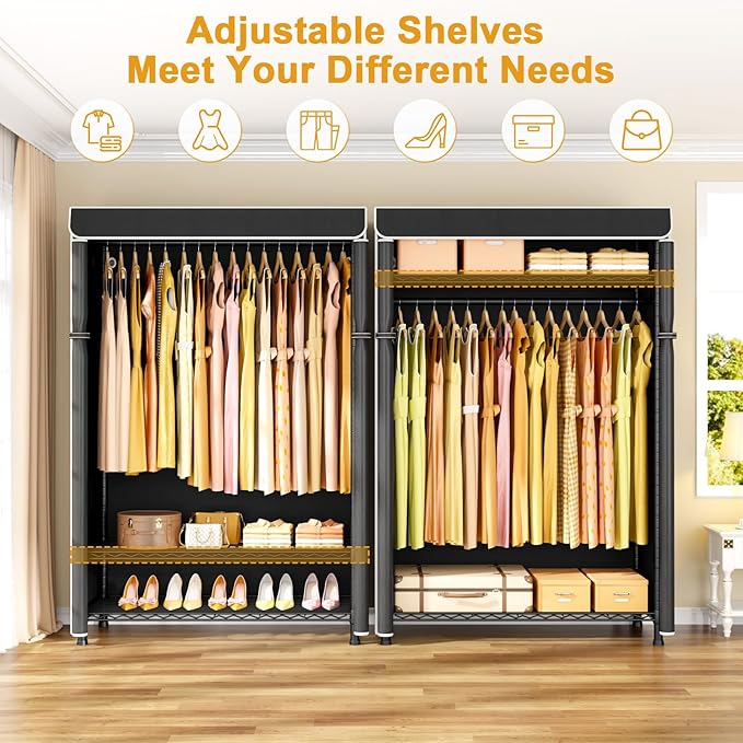 ULIFHOME H5C Plus Clothes Rack with Cover, Portable Closet for Hanging Clothes, Covered Clothing Racks Heavy Duty, 3-Tiers Garment Rack with Shelves Max Load 370LBS Black Closet Rack with Black Cover