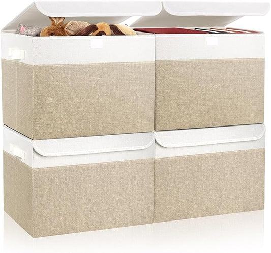 Bagnizer Large 22 Quart Linen Fabric Foldable Storage Bin Cube Organizer Basket with Flip-Top Lid & Handles, Clothes Blanket Box for Home, Office, Closet, Beige & White, 4 Pack 14.6 x 9.5 x 9.5”