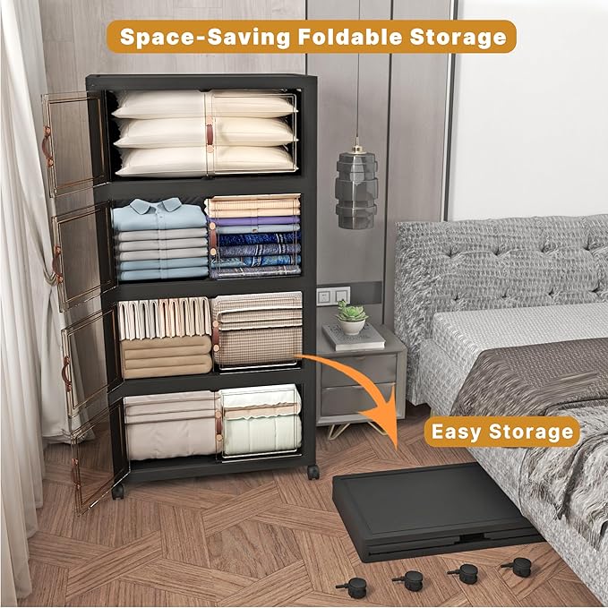 UAMFURI Extra Large Stackable Storage Bins with Lids & Wheels, 672QT-168QT/42GAL*4Pack Foldable Collapsible Closet Organizers Storage Cabinet with Doors for Bedroom Dorm
