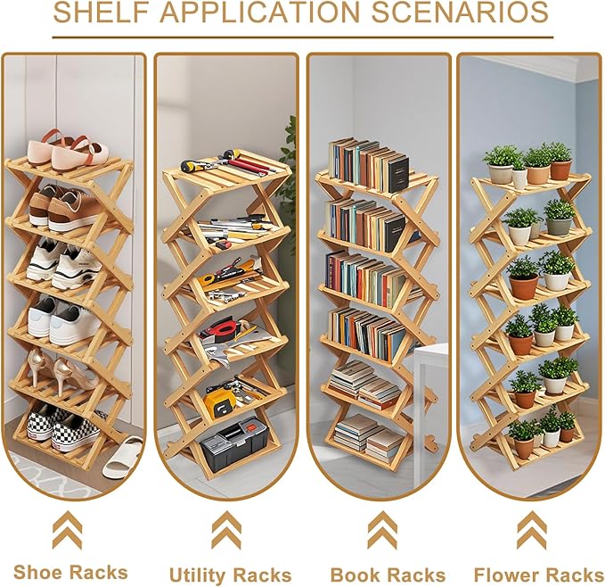 5 Tier Natural Bamboo Shoe Rack,Foldable Space Saving Shoe Storage Organizer,Easy Assembly & Strong Design Shoes Stand Shelf Organiser for Closet (Primary Color, Five Layers)