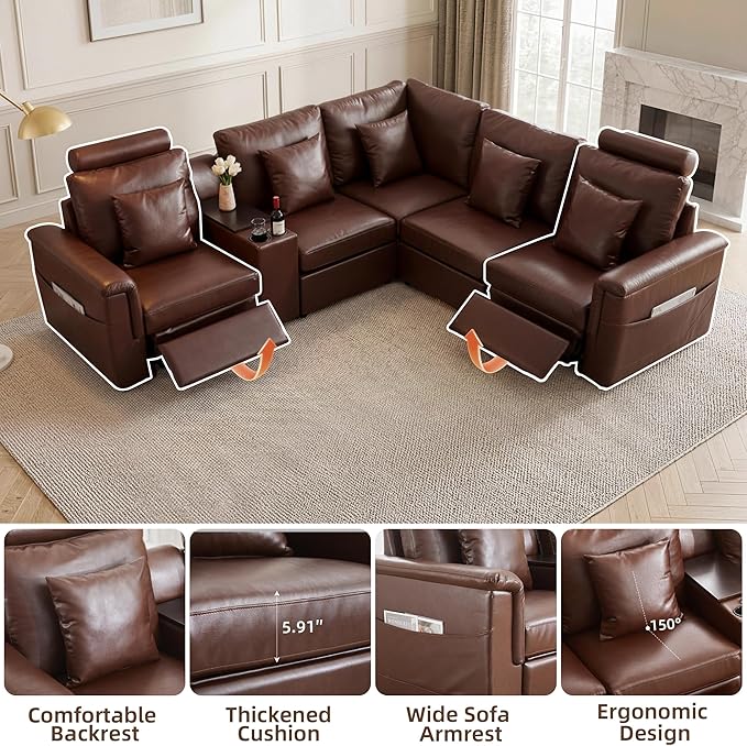 LEVNARY 5-Seat L Shaped Modular Sectional Sofa with Power Recliners, Upholstered Faux Leather Couch Storage Console with Charging Ports & Cup Holders, Living Room Couch Set for Home Office (Brown)