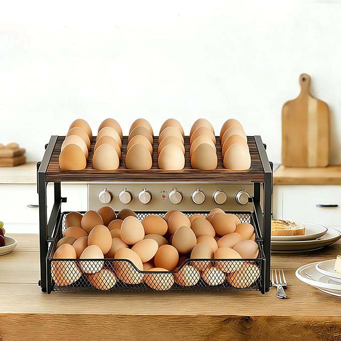 2-Tier Wooden Egg Holder Countertop with Basket – Holds 24+60 Chicken, Duck & Quail Eggs, Easter Eggs – Compact Countertop Holder with Carry Handle for Easy Transport
