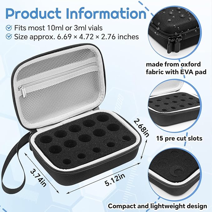 Teenyyou 15 Slots Fits 10ml/ 3ml Insulin Peptide Fridge Carrying Case Vial Holder Storage Bag Protector, Fits Standard Vials, Insulin Cooler Travel Kits Case Diabetes Protector(Black, Gray Net)